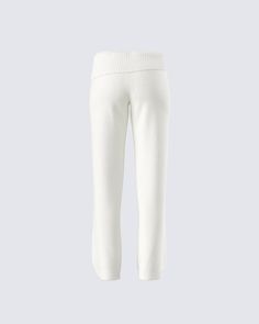 Make any day cuter and cozier with these white knit pants 🤍 Complete with a ribbed fold over top edge and wide leg fit, this piece is the perfect look for grocery store runs, self care days, and everything in between ✨ White Stretch Knit Pants, White Casual Knit Pants, White Relaxed Fit Knit Bottoms, Casual White Knit Pants, Knit Bottoms With Ribbed Cuffs For Loungewear, Comfortable White Pants For Fall, White Ribbed Bottoms For Fall, White Knit Bottoms With Elastic Waistband, Cozy Relaxed Fit White Pants