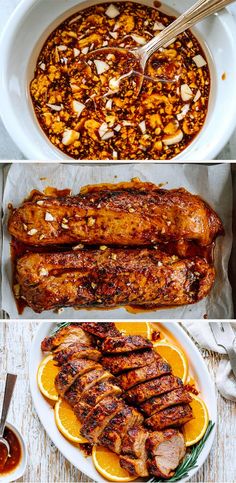 four different pictures of food including meat, beans and oranges on the table with utensils