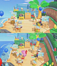 an animated beach scene with balloons and furniture