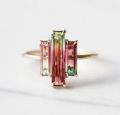 Watermelon Tourmaline Engagement Ring, Pink Wedding Rings, Watermelon Tourmaline Ring, Tourmaline Engagement Ring, Baguette Engagement Ring, Ring Baguette, Traditional Engagement Rings, Baguette Ring, Emerald Cut Rings