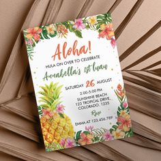 this is an image of a pineapple birthday party card with flowers and leaves on it