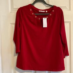 95% Polyester 5% Spandex New With Tag Never Worn Great For A Night Out Or Holiday Party Causal Fit Has Good Stretch Non-stretch Red Summer Blouse, Red 3/4 Sleeve Tops For Work, Cheap Red T-shirt With 3/4 Sleeve, Stretch Red Moisture-wicking T-shirt, Beaded Shirt, Red Stretch V-neck T-shirt, Red Stretch Tops With 3/4 Sleeves, Petite Blouses, Multi Color Blouse