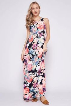 Beeson RiverSleeveless soft comfy racer back maxi dress with hidden side pockets, elastic waist. Lined bodice. Floral pattern and placement will vary. Easy living ! Soft stretchy. Color: Multicolor on Black background, navy linedSizes S-M-L-XL Bust 32-34-36-38, Length 56-57-58-59 95% Polyester, 5% Spandex, hand wash cold, Made in USA RF/D3374D-32 Casual Stretch Printed Maxi Dress, Sleeveless Stretch Floral Print Maxi Dress, Stretch Sleeveless Floral Print Maxi Dress, Sleeveless Stretch Maxi Dress With Floral Print, Stretch Sleeveless Maxi Dress With Floral Print, Sleeveless Summer Maxi Dress With Elastic Back, Summer Sleeveless Maxi Dress With Elastic Back, Casual Maxi Dress With Elastic Back, Casual Floral Print Maxi Sleeveless Dress