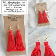 Classic, simple, and great with, well everything, these red tassel earrings are Libby & Smee's best-selling piece. Dontcha want to find out what all the hype is about? hand-tied cotton tassel in red LONG is 3.25 inches and MINI is 2.5 inches from the top of the ear wire each piece is handmade so lengths are approximate gold-plated stainless steel ear wire hooks lead-free and nickel-free plastic earring back packaged on a hand-stamped kraft earring card in a clear resealing bag Handmade Trendy Red Tassel Earrings, Red Fringe Tassel Earrings For Summer, Trendy Red Tassel Earrings, Red Drop Tassel Earrings For Summer, Red Tassel Drop Earrings For Summer, Adjustable Tassel Earrings For Gifts, Trendy Adjustable Tassel Earrings As Gift, Elegant Red Tassel Earrings For Summer, Red Tassel Earrings With Fringe For Gift