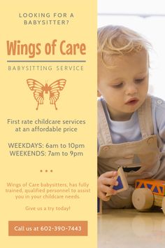 a flyer for a babysitting service with an image of a child playing with toys