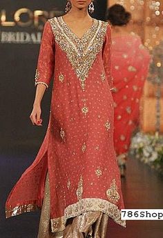 Coral/Golden Chiffon Suit | Buy Pakistani Fashion Dresses and Clothing Online in USA, UK Pakistani Dresses Online Shopping, Pakistani Party Wear Dresses, Pakistani Dresses Online, Asian Clothes, Pakistani Party Wear, Pakistani Style