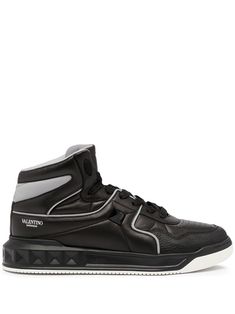 Black leather logo-stamp high-top sneakers from VALENTINO GARAVANI featuring round toe, panelled design, perforated detailing, front lace-up fastening, logo-print tongue, signature Rockstud detailing, logo print to the side and flat rubber sole. Lace-up High-top Sneakers With Contrast Sole, Calf Leather High-top Sneakers With Contrast Sole, Calf Leather High-top Sneakers With Abzorb Midsole For Streetwear, Luxury High-top Sneakers With Contrast Sole For Streetwear, Luxury High-top Sneakers With Contrast Sole, Lace-up High-top Calf Leather Sneakers, Designer High-top Sneakers With Embossed Logo For Streetwear, Designer High-top Sneakers With Contrast Sole, Luxury Lace-up High-top Sneakers With Contrast Sole