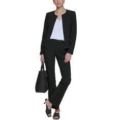 Create effortlessly chic looks for the office or weekend outings with this collarless blazer from Calvin Klein. Featuring a smooth front zip and two handy pockets, this versatile piece provides endless styling options to share on Instagram. Sleek shoulder pads structure the design for an flattering fit while the stretch fabric moves with you all day. Classic Blazer With Zipper Closure For Work, Elegant Office Blazer With Zipper Closure, Elegant Office Outerwear With Zipper Closure, Elegant Outerwear With Zipper Closure For Work, Elegant Formal Blazer With Zipper Closure, Fitted Calvin Klein Blazer For Work, Classic Calvin Klein Blazer For Work, Chic Formal Blazer With Zipper Closure, Calvin Klein Notch Lapel Business Casual Blazer