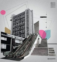 an abstract photo with stairs and buildings in the background