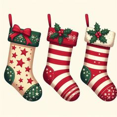 three christmas stockings with bows and holly on them