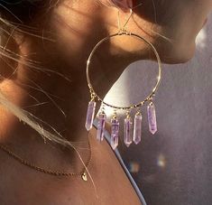 These luxurious chandelier hoop earrings come in your choice of 14k gold fill, 14k rose gold fill or sterling silver, and are adorned with 6 genuine crystal points.You get to pick your crystals:💜Amethyst- CalmingCrystal Quartz- Purifying 💗Rose Quartz- Loving🖤Smoky Quartz- Grounding*You also get to choose sterling silver, 14k rose gold filled or 14k gold filled hoops and components*Hoops are 2 inches in diameter and crystal points are about .75 inches long. Total earring length including earri Quartz Hoop Earrings, Crystal Quartz Earrings, Boho Wedding Earrings, Boho Chandelier, Crystal Statement Earrings, Boho Crystal, Crystal Hoop Earrings, Earrings Inspiration, Quartz Earrings