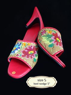 Peranakan beaded slippers, also known as kasut manek, meaning beaded shoes, is worn by a Nyonya to complete her Sarong Kebaya outfit. The colours and motifs for Nyonya beadwork often reflect a combination of Chinese, Malay, Indian and European influences.  In the past, young female Nyonyas were required to make a pair for themselves and their husbands to be. Kasut manek suitable to wear with sarong-kebaya for a traditional look, and suitable for a casual look too. Panel is cushioned for comforta Kebaya Outfit, Beaded Slippers, Beaded Shoes, Sarong, Womens Slippers, Bead Work, Open Toe, Singapore, Slippers