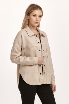 Suede shirt jacket. Snap button front, long sleeve jacket finished with front patch pockets, cuffs, dolphin hem. Solid color stretch suede on relaxed fit, accessorized with hidden metal snaps & buttons.Body length from HPS: 26", Sleeve length: 17 1/2", Bust: 44" (Size Small) 94% COTTON 6% SPANDEX Hand wash cold (inside out), Hang to dry Metal snap front closures Imported Denim Essentials, Long Sleeve Jacket, Medium Wash Jeans, Comfy Sweaters, Light Sweater, Sleeve Jacket, Sweater Sale, Light Wash Jeans, Long Sleeves Jacket