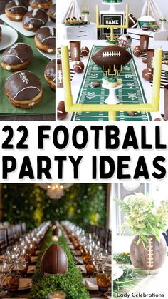 football party decorations and food on a table