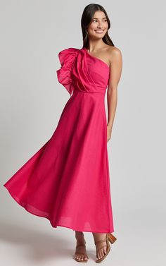 Dixie Midi Dress - Linen Look One Shoulder Ruffle Dress in Raspberry | Showpo USA Pink A-line Midi Dress With Ruffles, Spring A-line One Shoulder Cocktail Dress, Chic Pink Ruffle Dress For Garden Party, Pink Dress With Ruffled Straps For Garden Party, Spring One-shoulder Dress With Ruffled Skirt, One Shoulder Midi Dress With Ruffles, Chic One-shoulder Bridesmaid Dress For Spring, Chic One Shoulder Bridesmaid Dress For Spring, Summer Bridesmaid Ruffle Dress