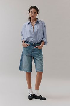 Spring Outfits Shorts, Jort Outfits, Seoul Summer, Denim Shorts Outfit, Dream Outfits, Knee Length Shorts, Blue Fits, Jeans For Short Women, Summer Fits