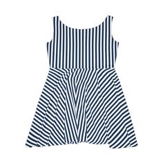 Upgrade your wardrobe with our Navy Blue Stripes Women's Skater Dress. This casual and cozy dress features a cute and pretty design, perfect for any occasion. Its comfortable fabric will make you feel both stylish and comfortable. Whether it's hitting the town or lounging around, this skater dress brings an unmatched flair to any woman's wardrobe. Made with a high-quality, 290gsm fabric blend that is 83% polyester, 17% spandex, it's comfy, stretchy and a perfect match to any occasion. It'll be an instant favorite for any day of the week. .: Material: 83% polyester, 17% spandex.: Medium-heavy fabric (8.5 oz /yd² (290 g/m²)).: Mid-length.: Asymmetrical skirt (in places could be longer or shorter) XS S M L XL 2XL Chest width, in 15.00 16.00 17.50 18.50 20.50 22.50 Length, in 35.00 36.00 36.50 Trendy Blue A-line Dresses, Striped Cotton Knee-length Dress, Casual Blue Sleeveless Dress, Blue Cotton Sleeveless Dress For Vacation, Blue Cotton Sleeveless Dress For Day Out, Navy Cotton Midi Dress For Spring, Casual A-line Cotton Dress, Cute Navy Sleeveless Dress, Cute Sleeveless Navy Dress