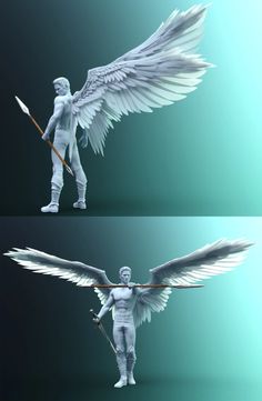 two different angles of an angel holding a spear