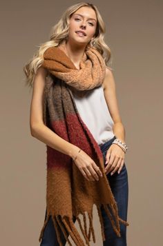 Insanely soft blanket scarf in pretty autumn inspired hues. Color Block Scarf, Woven Scarf, Scarf With Fringe, Autumn Inspired, Plaid Blanket Scarf, Plaid Blanket, Fall Scarves, Striped Scarves, Wide Stripes