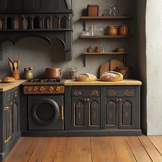 an old fashioned kitchen with wooden floors and black painted cabinets, including a stove top oven