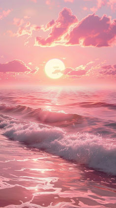 the sun is setting over the ocean with waves crashing in front of it and pink clouds