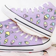 Ice cream print canvas shoes Boty Converse, Painted Canvas Shoes, Kawaii Shoes, Painted Canvas, Kawaii Clothes, Harajuku Fashion