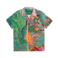 Make a statement with this one-of-a-kind piece of wearable art. This button up T- shirt is designed from images of original abstract paintings ready to wow all on-lookers. Made to have a boxy fit and a notch lapel collar that are perfect for any laidback scenario, these shirts come with a handy chest pocket and a 95% polyester and 5% spandex fabric  for silky comfort. Choose between black or white buttons. .: Material: 95% polyester, 5% spandex .: Medium fabric  .: Boxy fit .: Chest pocket Relaxed Fit Multicolor Shirt With Abstract Print, Multicolor Relaxed Fit Shirt With Graffiti Print, Multicolor Camp Shirt With Graphic Print And Relaxed Fit, Artistic Summer Tops With Abstract Print, Relaxed Fit Multicolor Camp Shirt With Graphic Print, Artistic Abstract Print Summer Tops, Green Digital Print Top For Summer, Multicolor Graffiti Print Shirt For Spring, Multicolor Shirt With Graffiti Print For Spring