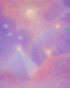 an abstract painting of clouds and stars in the sky with pink, purple and blue hues