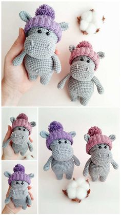 crocheted stuffed animals are shown in three different pictures, one is gray and the other is pink