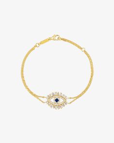 Our Evil Eye Collection is a tribute to the powerful symbol revered in Asian and Middle Eastern cultures for its ability to ward off negative energy and invite good fortune into the home. This bracelet features a stunning dark blue sapphire center stone with white diamond accents in a striking design handcrafted from 18K gold. Experience the positive energy of this beautiful piece every day. Details 18k yellow gold, white gold or rose gold 3mm round dark blue sapphire center, 0.18 carats 0.71 ca Elegant Yellow Gold Evil Eye Bracelet, Luxury Gold Diamond Bracelet With Sapphire, Elegant Beaded Evil Eye Bracelet, Luxury Sapphire Jewelry With Baguette Diamonds, Elegant Blue Evil Eye Bracelet, Elegant Evil Eye Chain Bracelet, Yellow Gold Sapphire Jewelry With Baguette Diamonds, Gold Experience, Light Blue Sapphire