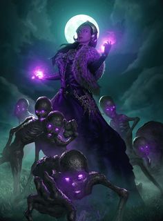 an image of a woman surrounded by zombies in front of a full moon with purple lights