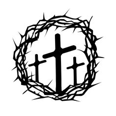 a black and white image of three crosses in a crown of thorns with the word jesus on it