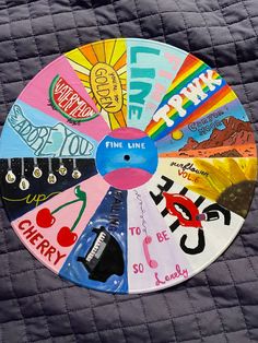 a colorful wheel on top of a quilted bed with words written all over it