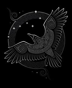 a black and white drawing of a bird flying in the night sky with stars above it