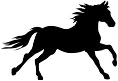 a black and white silhouette of a galloping horse with its hair blowing in the wind