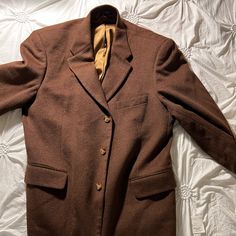 Never Worn Semi-formal Fitted Brown Outerwear, Tailored Brown Outerwear For Fall, Brown Notch Lapel Outerwear For Fall, Brown Fitted Blazer For Winter, Classic Fitted Fall Outerwear, Brown Business Outerwear For Spring, Tailored Brown Semi-formal Outerwear, Fitted Classic Fall Outerwear, Tailored Brown Outerwear For Semi-formal Occasions