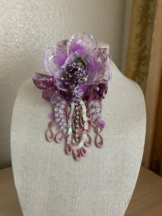 One of a kind Lavender Brooch Jewelry As A Gift, Unique Purple Brooch Jewelry, Pink Beaded Brooches For Party, Elegant Handmade Purple Brooches, Pink Beaded Party Brooches, Elegant Purple Brooches With Flower Decoration, Bohemian Beaded Brooch For Party, Bohemian Beaded Brooches For Parties, Flower-shaped Brooch For Party