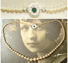 "Offering a stunning vintage 1940s era Art Deco high quality deep rich ivory/soft champagne glass pearl necklace with emerald green and crystal rhinestone clasp. The perfect \"Something Old\" for the bride!  (Glass pearls are sought after because they mimic real pearls in weight and appearance.)  The necklace features a single strand of hand knotted graduated lustrous glass pearls in a gorgeous deep rich ivory/light warm champagne color.  The strand comes together in the back with an exquisite s Vintage Pearl White Wedding Jewelry, Classic Pearl Necklace With 17 Jewels For Wedding, Vintage Pearl Drop Jewelry For Vintage Events, Vintage Pearl Necklace For Formal Occasions, Vintage Round Pearl Necklace For Formal Occasions, Vintage Single Strand Jewelry For Wedding, Vintage Single Strand Wedding Jewelry, Vintage Single Strand Pearl Necklace For Wedding, Antique Pearl Drop Necklaces For Wedding