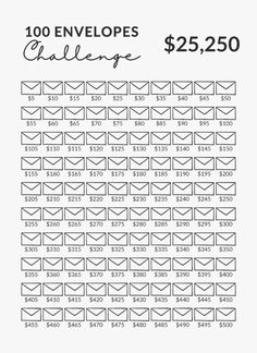 a sheet of paper with the words, 100 envelopes challenge $ 25, 250