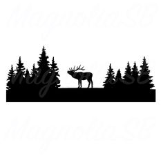 a black and white silhouette of a moose standing in the middle of a forest with trees