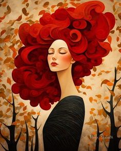 a painting of a woman with red hair and leaves on her head in the background