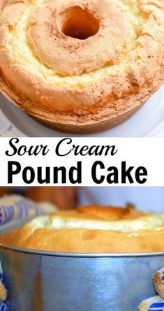 a round cake sitting on top of a white plate next to a pan filled with pound cake