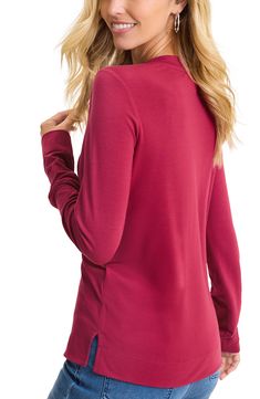 Made from soft, sustainably produced fibers, this T-shirt features long sleeves and a V-neck that make it a casual closet staple. 25" length   V-neck   Long sleeves   67% Tencel® modal, 28% polyester, 5% spandex   Tencel modal is a sustainably produced fiber made with closed-loop processing and is certified with the EU Ecolabel as having a low environmental impact throughout the entire lifecycle   Machine wash, tumble dry   Imported Stretch Long Sleeve T-shirt With Thumbholes, Solid Color Soft Stretch Long Sleeve Tops, Solid Long Sleeve Tops With Soft Stretch, Soft Stretch Long Sleeve Tops For Loungewear, Fabric Gift Bags, Closet Staples, Environmental Impact, Kauai, Tommy Bahama