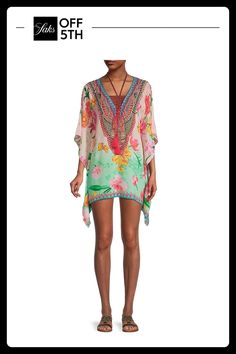 Breezy Coverup Styled With A Floral Print And Handkerchief Hem. V-Neck With Tassel Tie Lace-Ups Three-Quarter Sleeves Pullover Style Handkerchief Hem Polyester Dry Clean Imported Size & Fit One Size Fits Most About 30" From Shoulder To Hem Model Shown Is 5'10" (177cm). Womens - W Swimwear > Saks Off 5th. Ranee's. Color: Ombre. Size: L. Printed V-neck Blouse For Beach Season, Floral Print V-neck Tops For Beach Season, Spring Floral Print V-neck Kaftan, Floral Print V-neck Beachwear Top, V-neck Floral Print Tunic For Beach Cover-up, Spring V-neck Beachwear Tunic, Spring Multicolor V-neck Tunic, Bohemian V-neck Tunic With Floral Print, Printed Split Neck Blouse For The Beach