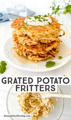 labelled grated potato fritters on a white plate topped with sauce and herbs, and fritter ingredients in a glass bowl. Potato Hashbrown Patties, Ham And Cheese Potato Fritters, Breakfast Fritters Recipe, Potatoe Patty Recipe, Shredded Potato Patties, Homemade Potato Patties, Potato Patties Shredded, Potato And Ham Fritters, Grated Sweet Potato Recipes