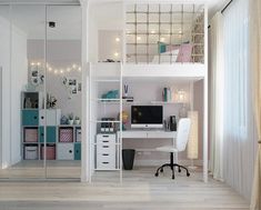 a room with a desk, computer and shelves