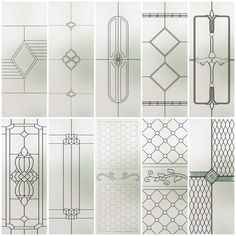 six different types of art deco glass and wrought ironwork designs, all in black and white