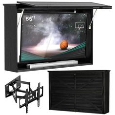 an entertainment center with a basketball on the screen