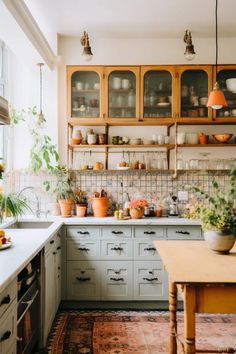 a kitchen with lots of pots and plants on the counter top, along with an area rug