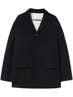 black virgin wool notched lapels front button fastening two front flap pockets long sleeves straight hem Mens Outerwear, Jil Sander, Wool Jacket, Cut Design, Polished Look, Black Wool, Straight Cut, Flap Pocket, Classic Looks